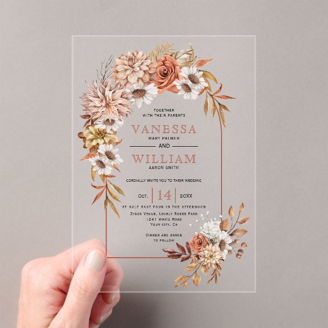 Arch with autumn flowers and leaves fall wedding acrylic invitations (Insitu (Handheld))