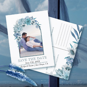 Arch with blue flowers and leaves fall wedding postcard