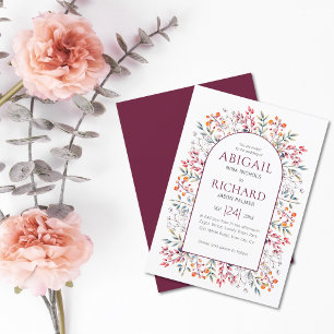 Arch with eaves and berries burgundy wedding invitation