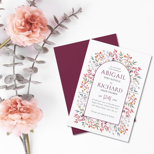 Arch with leaves and berries burgundy wedding invitation (Creator Uploaded)