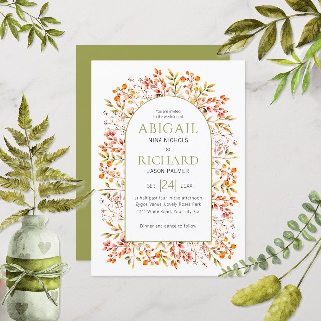 Arch with leaves and berries olive green wedding invitation (Creator Uploaded)