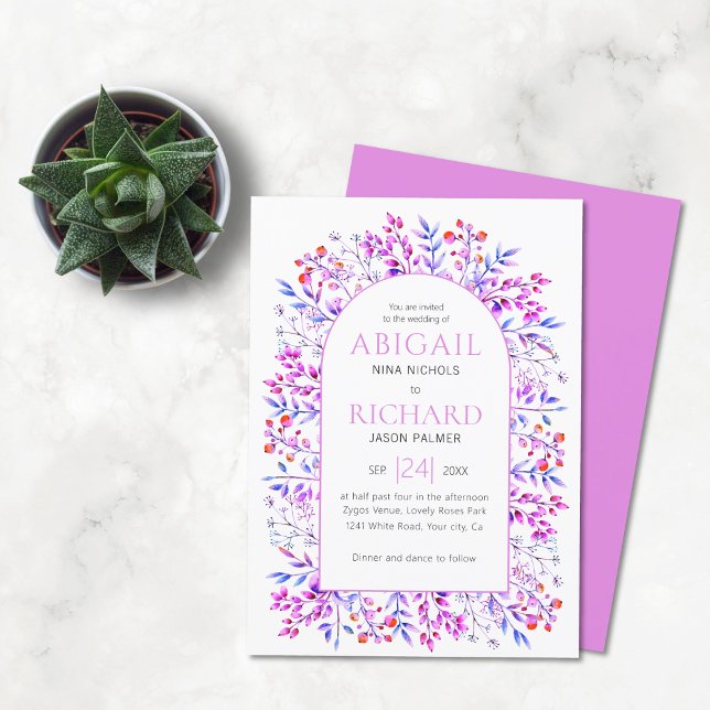 Arch with leaves and berries pink purple wedding invitation (Creator Uploaded)