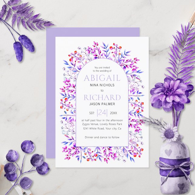 Arch with leaves, berries lavender purple wedding invitation (Creator Uploaded)