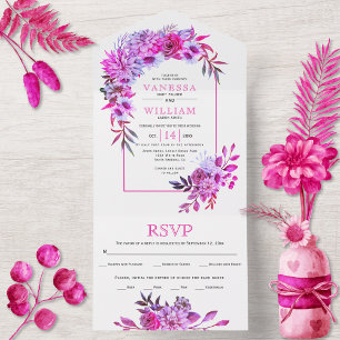 Arch with magenta pink flowers and leaves wedding all in one invitation