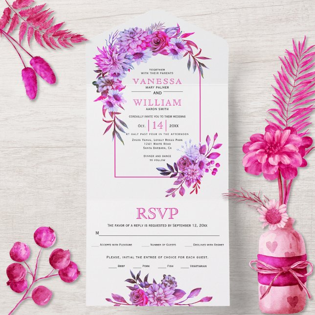 Arch with magenta pink flowers and leaves wedding all in one invitation (Creator Uploaded)