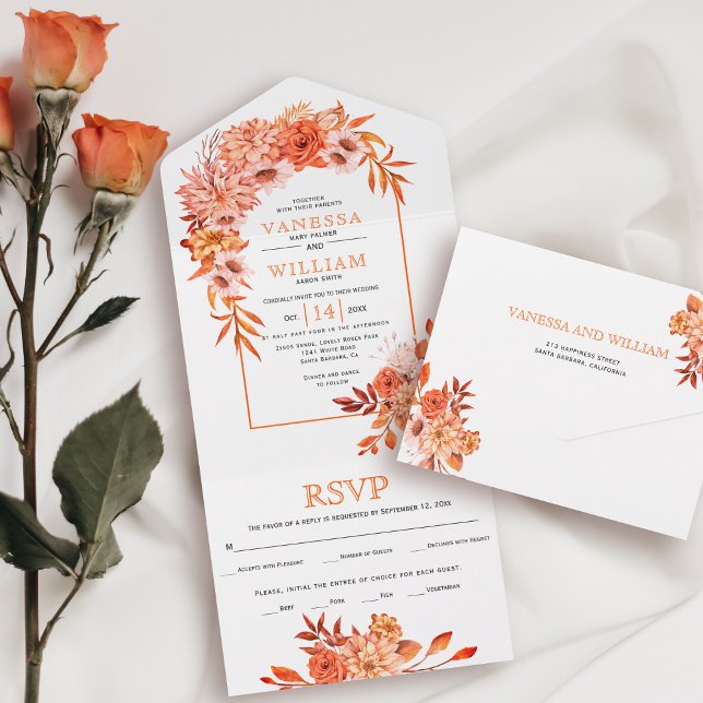 Arch with orange flowers and leaves fall wedding all in one invitation (Creator Uploaded)