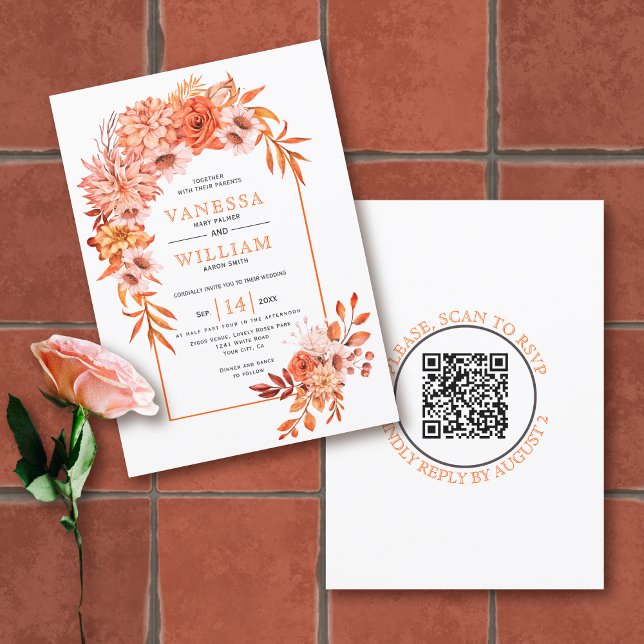 Arch with orange flowers QR code fall wedding Invitation (Creator Uploaded)