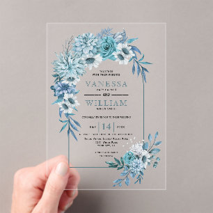Arch with teal blue flowers and leaves wedding acrylic invitations