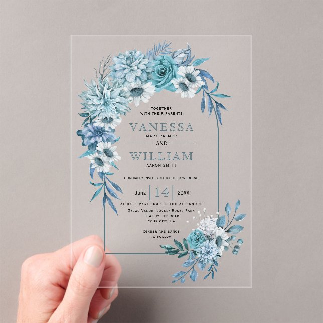 Arch with teal blue flowers and leaves wedding acrylic invitations (Insitu (Handheld))