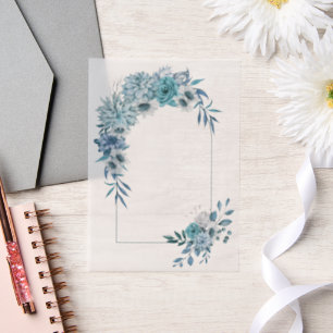 Arch with teal blue flowers and leaves wedding vellum invitations