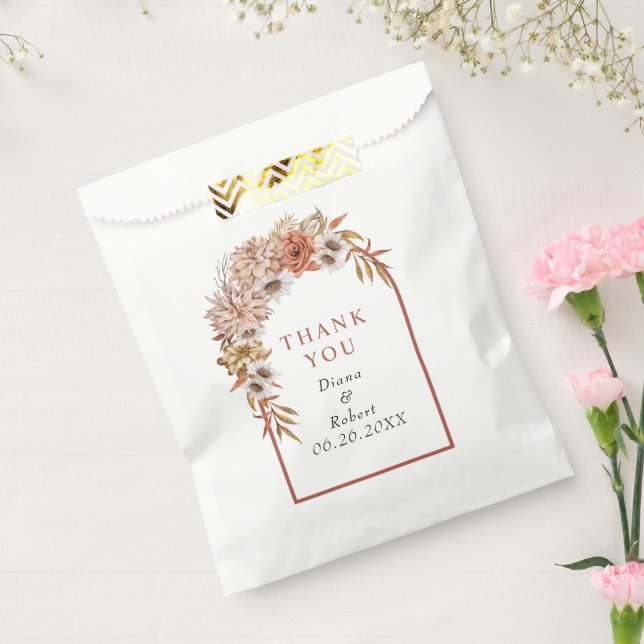 Arch with terracotta flowers and leaves wedding  favour bags (Sealed)