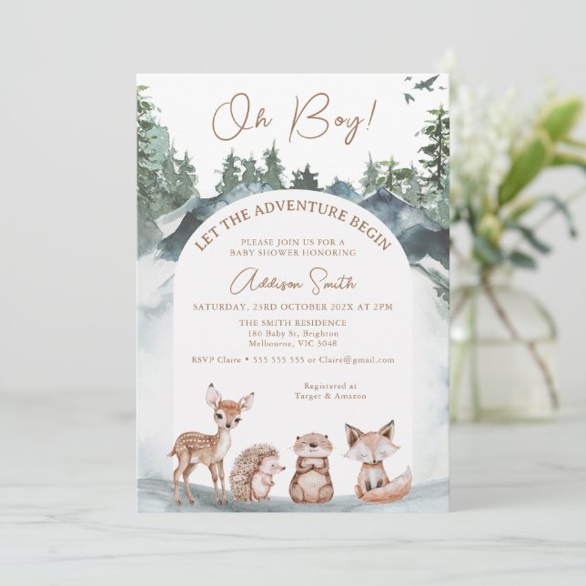 Arch Woodland Let the Adventure Begin Baby Shower Invitation (Standing Front)