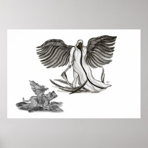 Archangel , Angel Uriel with Golem - Gargoyle Poster