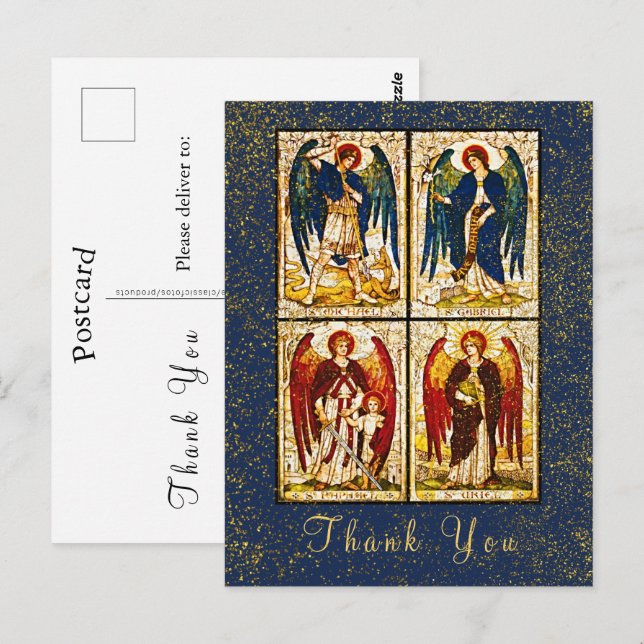 Archangel Michael Gold Glitter Navy Blue Thank You Postcard (Front/Back)