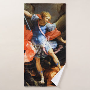 Archangel Michael tramples Satan, Guido Reni Bath Towel