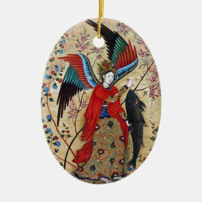 ARCHANGEL RAPHAEL AND FISH PARCHMENT CERAMIC TREE DECORATION (Front)