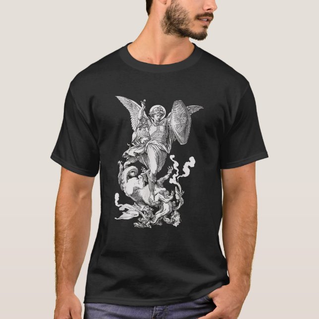 Archangel Saint Michael Fighting the Dragon Cathol T-Shirt (Front)