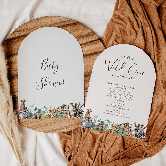 Arched A little Wild One Safari Baby Shower  Invitation (Modern Arched Wild One baby Shower Invitation, Safari Animals baby Shower Invite, Greenery Foliage)