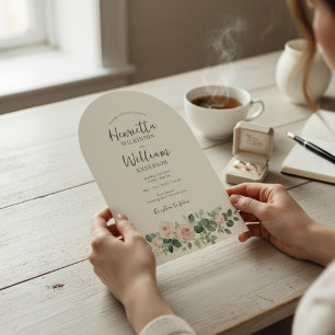 arched all in one botanical floral green script invitation