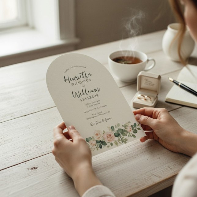 arched all in one botanical floral green script invitation (Creator Uploaded)