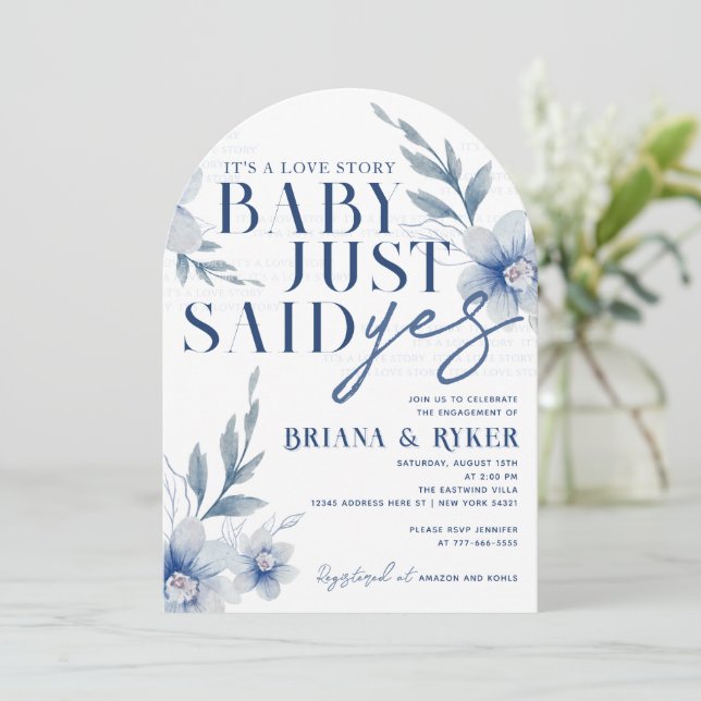 Arched Baby Just Said Yes White Floral Engagement Invitation (Standing Front)
