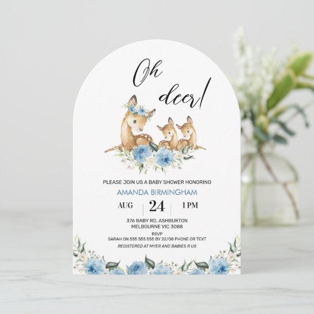 Arched Blue Floral Oh Deer Twins Baby Shower Invitation (Standing Front)