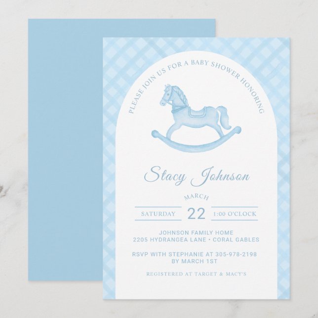 Arched Blue Rocking Horse Boy Baby Shower Invite (Front/Back)