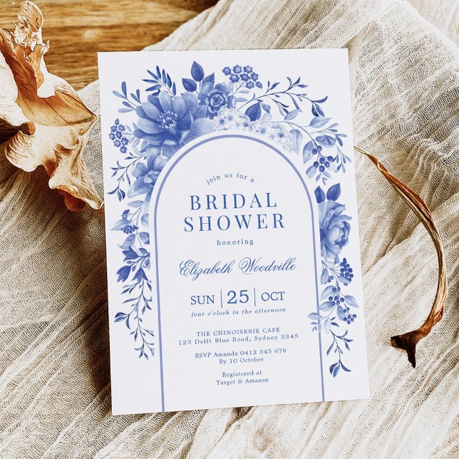 Arched Blue White Floral Chinoiserie Bridal Shower Invitation (Creator Uploaded)