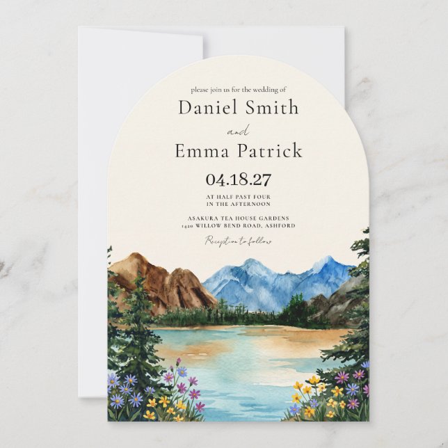 Arched Boho Rustic Lake Mountain Wedding Invitation (Front)