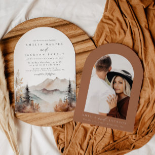 Arched Boho Watercolor Mountain Wedding Invitation