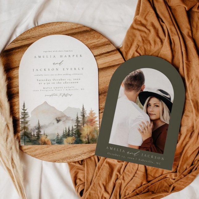 Arched Boho Watercolor Mountain Wedding Invitation (Creator Uploaded)