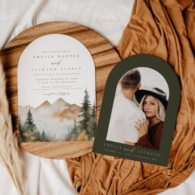 Arched Boho Watercolor Mountain Wedding Invitation (Creator Uploaded)