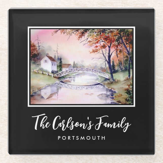 Arched Bridge Maine Autumn Watercolor Painting Gif Glass Coaster (Front)