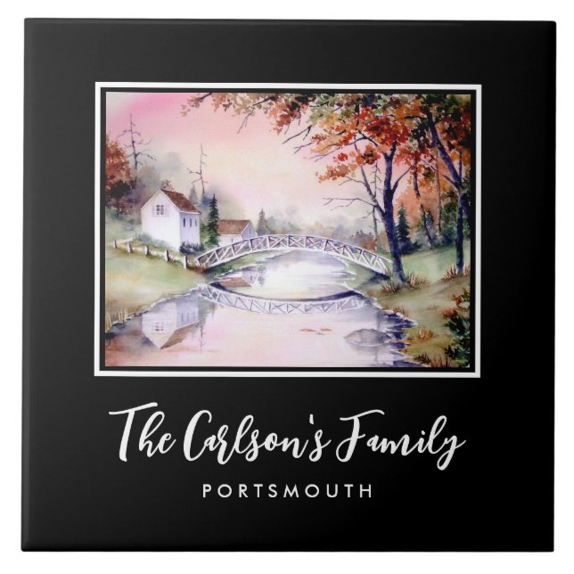 Arched Bridge Maine Autumn Watercolor Painting Tile (Front)