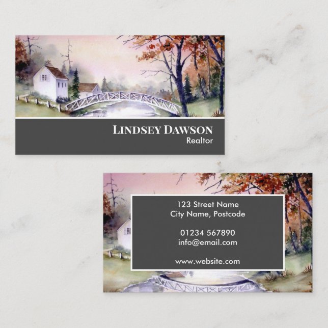 Arched Bridge New England Landscape Watercolor Business Card (Front/Back)