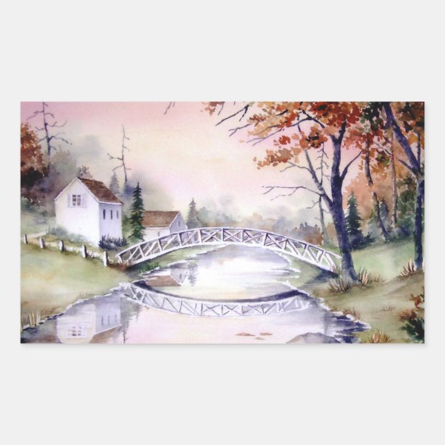 Arched Bridge Watercolor Painting Rectangular Sticker (Front)