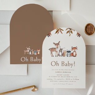 Arched Brown Foliage Woodland Animals Baby Shower Invitation