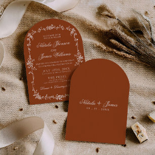 Arched Burnt Orange Floral Boho Terracotta Wedding Invitation
