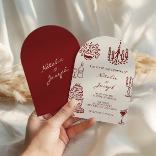 Arched Drawn Burgundy Romantic Whimsical Wedding Invitation