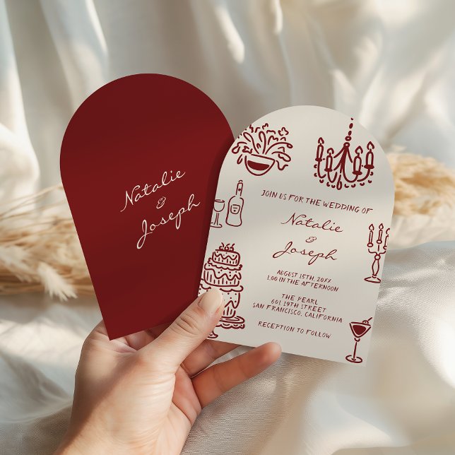 Arched Drawn Burgundy Romantic Whimsical Wedding Invitation (Creator Uploaded)