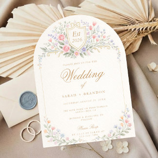 Arched Floral Wedding Monogram, Romantic Garden Invitation