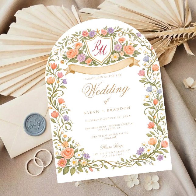 Arched Floral Wedding Monogram, Romantic Garden Invitation (Creator Uploaded)