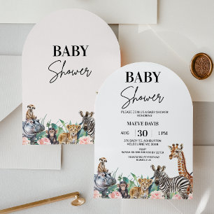 Arched Girls Pink Floral Safari Baby Shower  Invitation