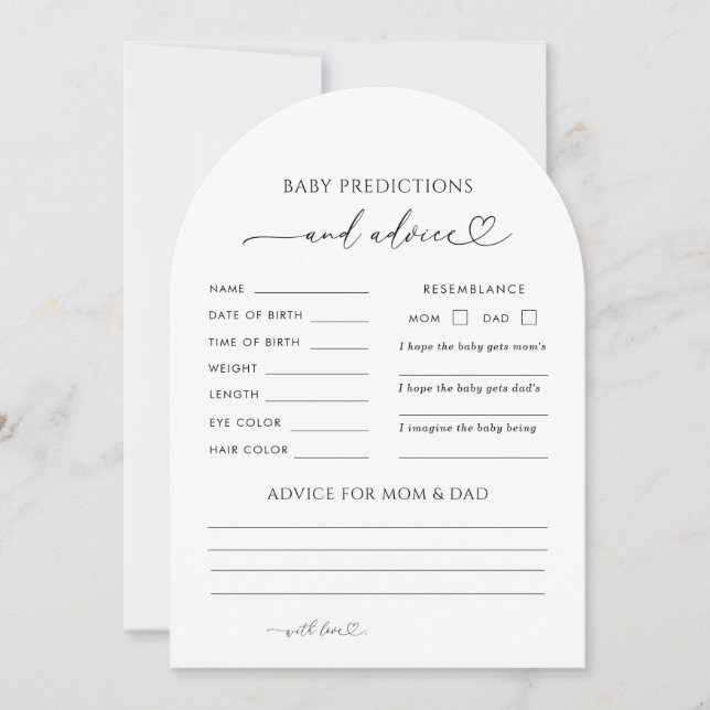 Arched Heart Baby Shower Predictions & Advice Card (Front)