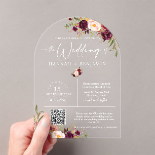 Arched Marsala Boho Wedding Modern Minimal QR Code Acrylic Invitations