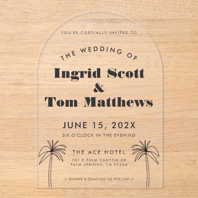 Arched Minimalist Tropics Wedding Acrylic Invitations (Front)