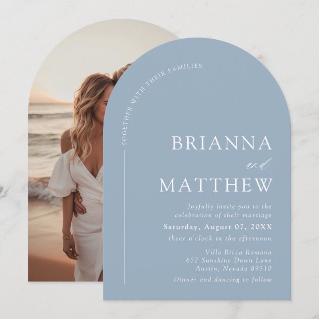 Arched Modern Minimalist Dusty Blue White Wedding Invitation (Front/Back)
