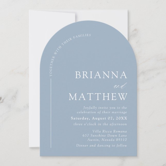Arched Modern Minimalist Dusty Blue White Wedding Invitation (Front)