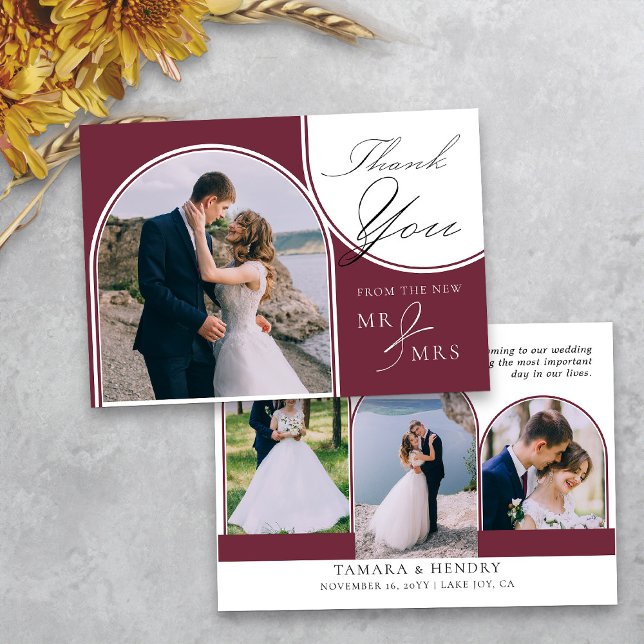 Arched Multi Photo Elegant Calligraphy Burgundy Thank You Card (Arched photo burgundy wedding thank you card from my Wedding Colors collection)