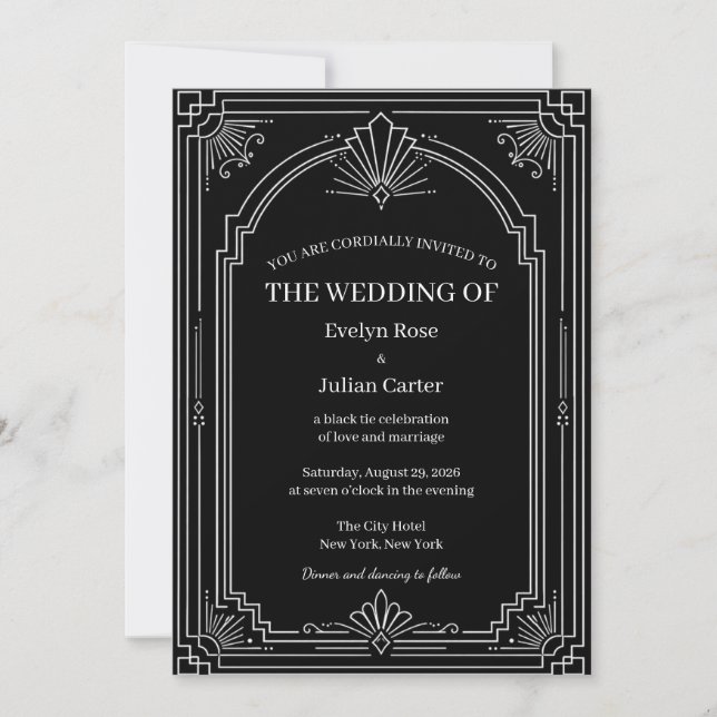 Arched Onyx Black Art Deco Wedding Invitation (Front)